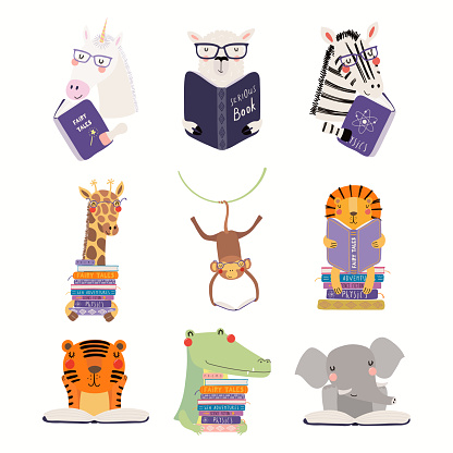 Big set with cute animals reading different books. Isolated objects on white background. Hand drawn vector illustration. Scandinavian style flat design. Concept for children print, learning.