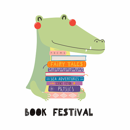 Hand drawn vector illustration of a cute funny crocodile with a stack of books, quote Book festival. Isolated objects on white background. Scandinavian style flat design. Concept for children print.