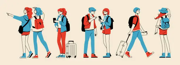 Vector illustration of Illustration set of young male and female travelers