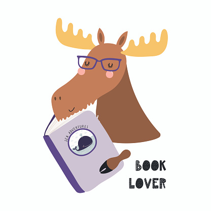 Hand drawn vector illustration of a cute funny moose reading a book, with quote Book lover. Isolated objects on white background. Scandinavian style flat design. Concept for children print.