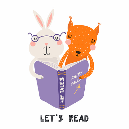 Hand drawn vector illustration of a cute funny bunny and squirrel reading a book, with quote Lets read. Isolated objects on white background. Scandinavian style flat design. Concept for children print