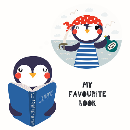 Hand drawn vector illustration of a cute funny penguin reading a book, with quote My favourite book. Isolated objects on white background. Scandinavian style flat design. Concept for children print.