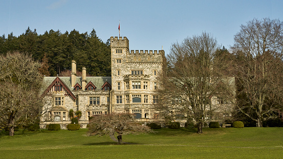 Victoria, Canada – March 25, 2021: The historic Hatley Castle, now the home of Royal Roads University, Victoria, BC