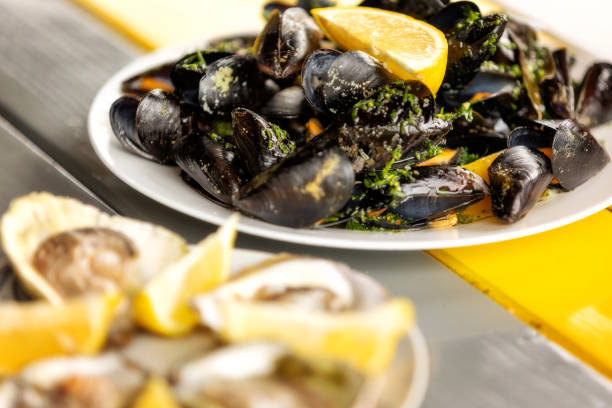istock Steamed mussels and oysters on the plate 2102196375
