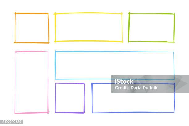 Hand Drawn Rectangular Outline Frames Set Multicolored Linear Text ...