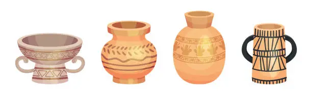 Vector illustration of Ceramic Vase and Crafted Clay Container with Ornament Vector Set