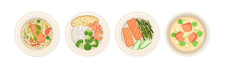 Salmon Dish as Tasty Seafood Meal Served on Plate Vector Set. Appetizing Cooked Food and Dinner