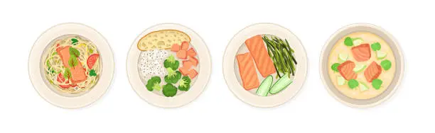 Vector illustration of Salmon Dish as Tasty Seafood Meal Served on Plate Vector Set