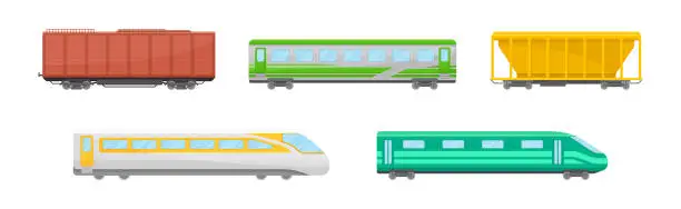 Vector illustration of Passenger and Cargo Train and Railroad Transport with Wagon Vector Set