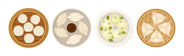 Vector illustration of Various Dumplings of Cooked Dough with Filling Vector Set