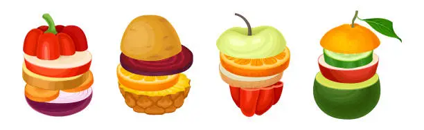 Vector illustration of Sliced Fruits and Vegetables Arranged in Pile Vector Set