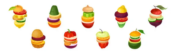 Vector illustration of Sliced Fruits and Vegetables Arranged in Pile Vector Set