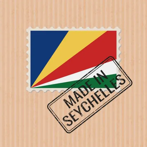 Vector illustration of Made in Seychelles badge vector. Sticker with Seychelles national flag. Ink stamp isolated on paper background.