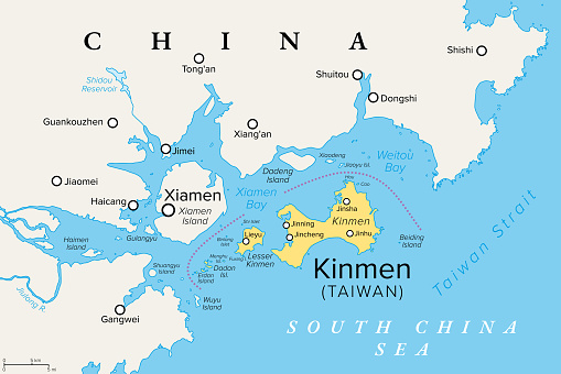 Kinmen, also known as Quemoy, political map. Group of islands governed as county by Taiwan, Republic of China, only 10 km east from the city of Xiamen, located at the southeastern coast of China, PRC.