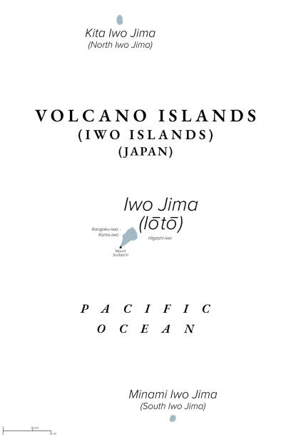 вулканические острова, известные как острова иво, иводзима, серая политическая карта - mount suribachi stock illustrations