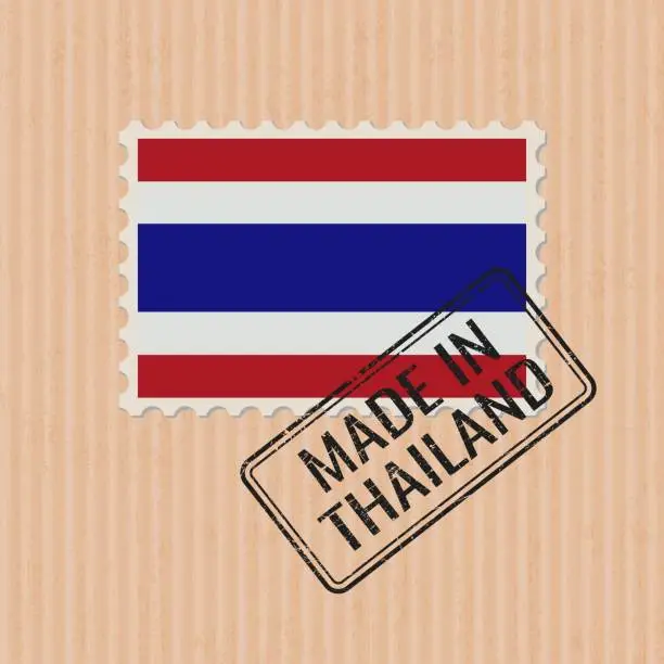 Vector illustration of Made in Thailand badge vector. Sticker with Thai national flag. Ink stamp isolated on paper background.