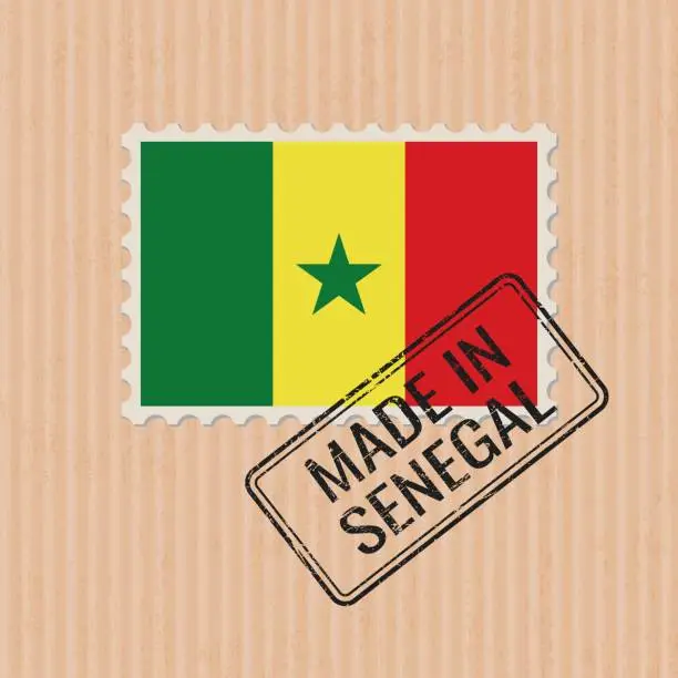 Vector illustration of Made in Senegal badge vector. Sticker with Senegalese national flag. Ink stamp isolated on paper background.