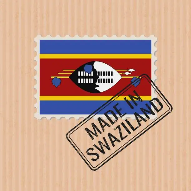 Vector illustration of Made in Swaziland badge vector. Sticker with Swaziland national flag. Ink stamp isolated on paper background.