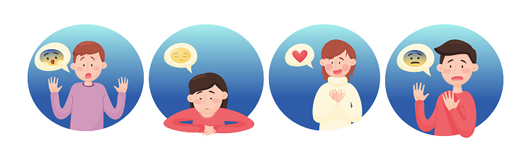 People Emoji with Face Emotion Expressing Different Feelings in Round Shape Vector Set. Young Man and Woman with Emoticon