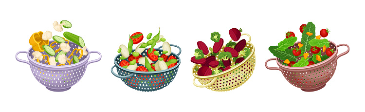 Colander with Vegetables for Washing Vector Set. Metal Strainer with Fresh Food