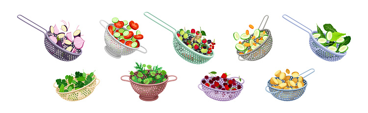 Colander with Berry and Vegetables for Washing Vector Set. Metal Strainer with Fresh Food