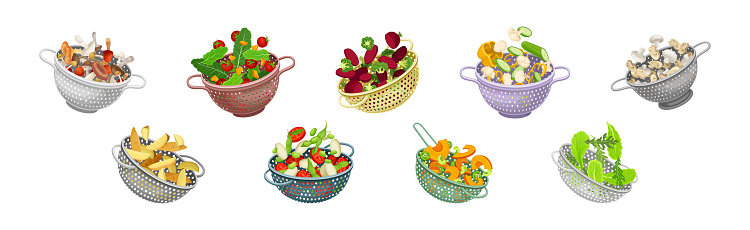 Colander with Mushroom and Vegetables for Washing Vector Set. Metal Strainer with Fresh Food
