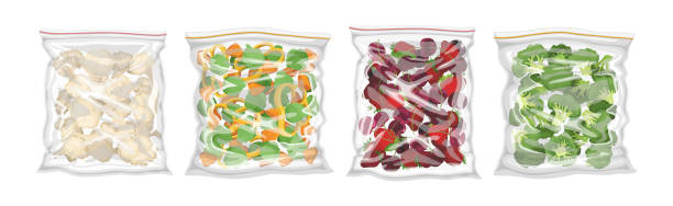 Vacuum Frozen Packed Berry and Vegetables Vector Set Vacuum Frozen Packed Berry and Vegetables Vector Set. Fresh Stored Food and Products in Transparent Plastic Bag as Refrigeration Preservation keeping cool stock illustrations