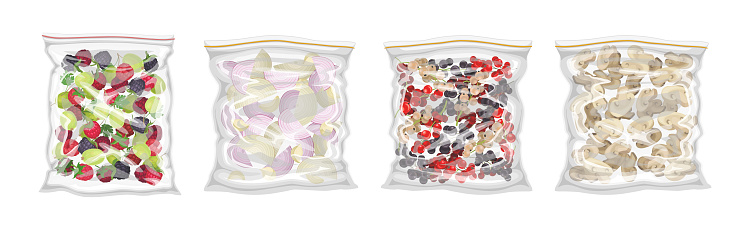 Vacuum Frozen Packed Berry, Mushroom and Onion Vector Set. Fresh Stored Food and Products in Transparent Plastic Bag as Refrigeration Preservation