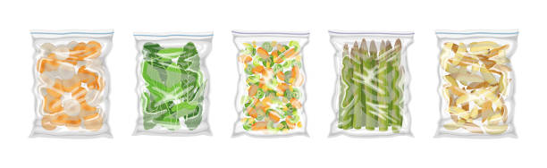 Vacuum Frozen Packed Vegetables Whole and Sliced Vector Set Vacuum Frozen Packed Vegetables Whole and Sliced Vector Set. Fresh Stored Food and Products in Transparent Plastic Bag as Refrigeration Preservation keeping cool stock illustrations