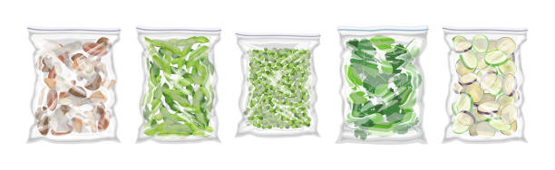 Vacuum Frozen Packed Mushroom and Vegetables Vector Set Vacuum Frozen Packed Mushroom and Vegetables Vector Set. Fresh Stored Food and Products in Transparent Plastic Bag as Refrigeration Preservation keeping cool stock illustrations