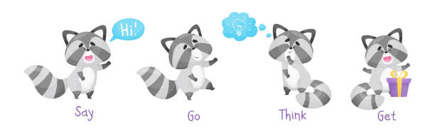cute raccoon demonstrate english verb engaged in different activity vector set - go английское слово stock illustrations