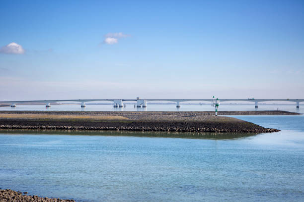 Dutch landscape, water and large bridge