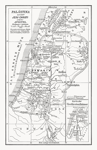 Map of Palestine at the time of Jesus and the Apostles (discription in German). Wood engraving, published 1899.