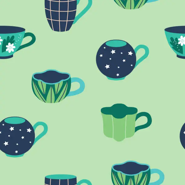 Vector illustration of Seamless pattern with various tea cups. Cute dishes different shapes and ornaments on green background. Vector illustration for printing on fabric, packaging, paper.