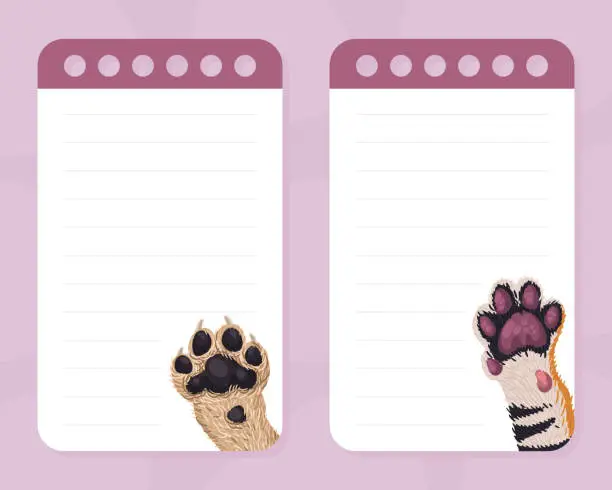 Vector illustration of Notepad Page with Animal Paw and Animalistic Pet Claw Vector Sticker Template