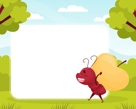 Empty Note Card with Cute Ant Character Carry Apple Vector Template. Funny Brown Insect
