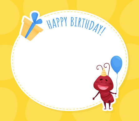 Happy Birthday Card with Cute Ant Character Hold Balloon Vector Template. Funny Brown Insect