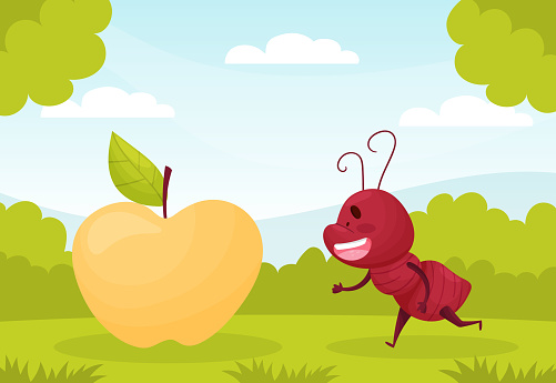 Cute Ant Character Running to Apple on Green Lawn Vector Illustration. Funny Brown Insect