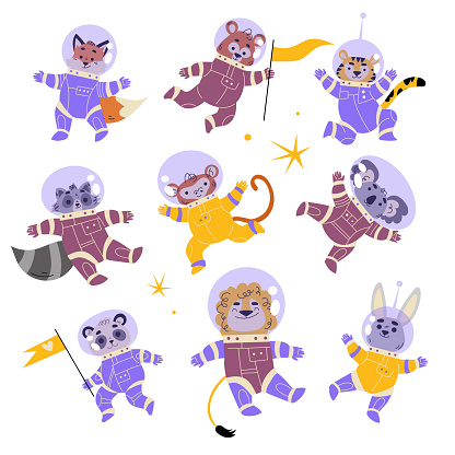 Cute Animal Astronaut Characters in Space Suit Vector Set. Funny Mammal Exploring Galaxy and Universe