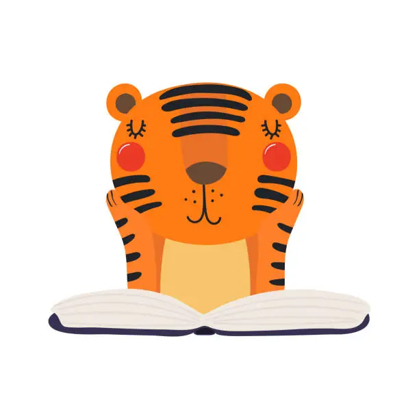 Vector illustration of Cute funny tiger reading book