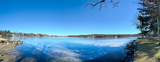Panoramic view of frozen Hopatcong  lake in New Jersey, USA