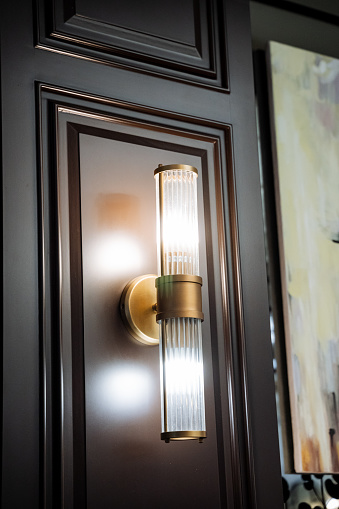 A brass wall light fixture is mounted on a hardwood rectangle door next to a painting inside the house. The wooden door has a door handle and tints and shades