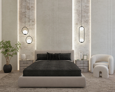 Picture of a cozy bedroom interior design. Render image.