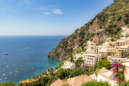 Positano in Amalfi Coast, Mediterranean Sea, Italy. Beautiful day full of colors on the roads and highways of the Amalfi Coast.