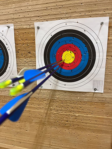 Three arrows in a target close to bull's-eye and focus on the target