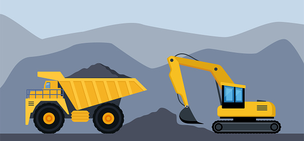 Excavator and dump truck working at coal mine. Open pit mine or quarry, extraction machinery. Heavy machinery of wheeled excavator filling with coal materials on a truck. Vector illustration