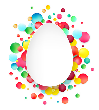 A crisp white egg centrally placed, surrounded by a burst of multicolored confetti dots, portraying a festive and joyous celebration.