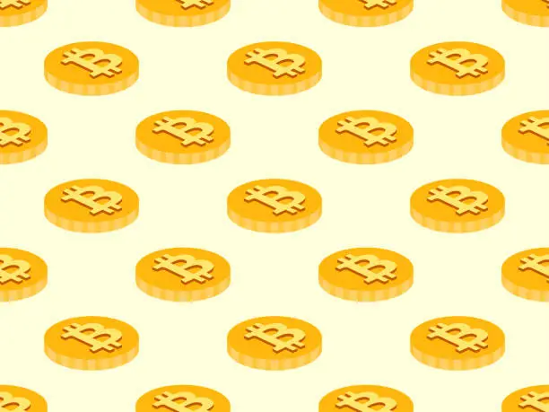 Vector illustration of 3D coins with Bitcoin symbol seamless pattern. Bitcoin coins gold color. Bitcoin cryptocurrency, crypto trading. Design of wallpapers, banners and posters. Vector illustration