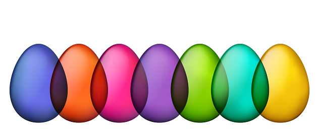 A seamless row of glossy Easter eggs, each displaying a different vibrant hue from a rainbow palette, showcasing a shiny and smooth finish.