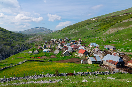 View of a mountain village. Landscape and mountaineer lifestyle. Lukomir village in Bosnia and Herzegovina.